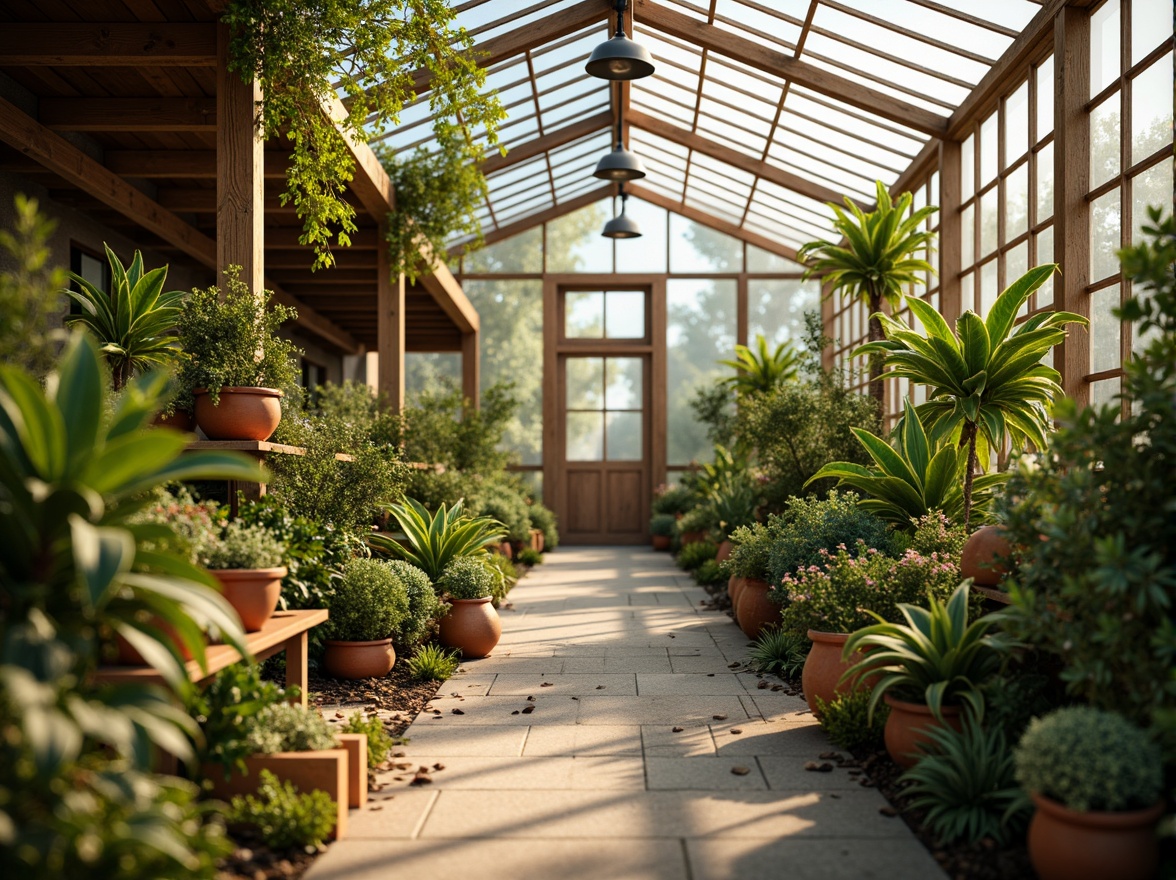 Prompt: Vibrant greenhouse interior, lush tropical plants, warm natural light, terracotta pots, reclaimed wood accents, earthy color palette, soothing pastel hues, calming ambiance, misting system, soft diffused lighting, 1/1 composition, shallow depth of field, realistic textures, ambient occlusion.