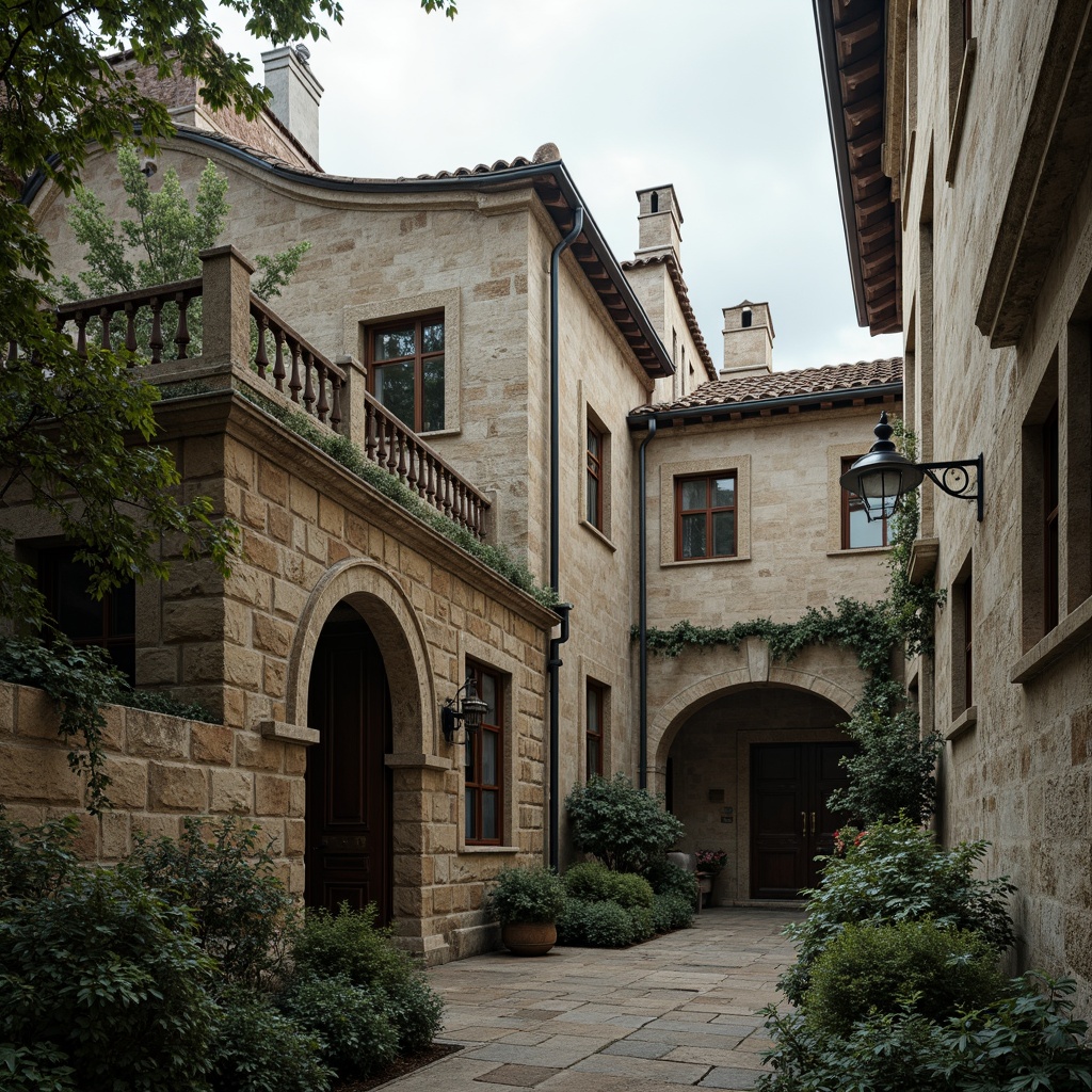 Prompt: Rustic stone buildings, curved Romanesque arches, ornate carvings, grandiose entranceways, steeply pitched roofs, terra cotta tiles, decorative roof finials, intricate stonework, weathered stone walls, lush greenery, misty atmospheric lighting, shallow depth of field, 1/2 composition, soft warm colors, ambient occlusion.