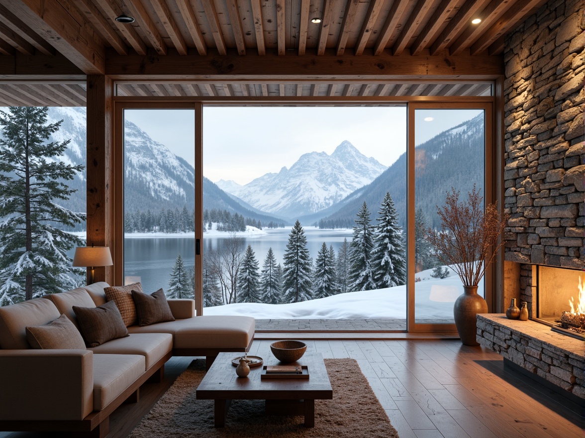 Prompt: Snow-capped mountains, wooden chalets, rustic stone walls, earthy tones, natural textures, reclaimed wood accents, cozy fireplaces, warm ambient lighting, soft snowfall, frozen lakes, ski lifts, mountain trails, snowy pine trees, frosted windows, wooden beams, stone floors, minimalist decor, eco-friendly materials, sustainable design, organic shapes, earthenware pottery, woven wool textiles, nature-inspired color palette.