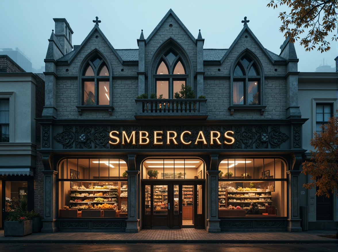 Prompt: Gothic-inspired grocery store facade, ornate stone carvings, pointed arches, ribbed vaults, flying buttresses, grand entrance, heavy wooden doors, intricate metalwork, stained glass windows, richly textured brick walls, steeply pitched roofs, dramatic lighting, mysterious ambiance, foggy atmosphere, misty morning, cinematic composition, low-angle shot, symmetrical framing, warm color palette, nostalgic feel.