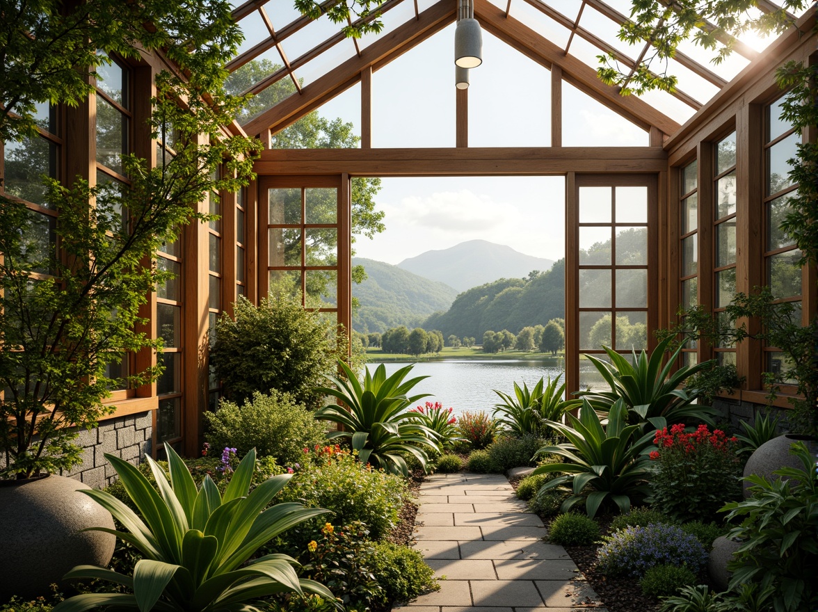 Prompt: Vibrant greenhouse interior, lush tropical plants, natural stone walls, wooden trellises, misting systems, warm soft lighting, shallow depth of field, 3/4 composition, panoramic view, realistic textures, ambient occlusion, seamless integration with outdoor landscape, rolling hills, serene lakeside, blooming flowers, butterflies, gentle breeze, warm sunlight, eco-friendly materials, sustainable energy solutions, solar panels, water conservation systems, green roofs, innovative cooling technologies.