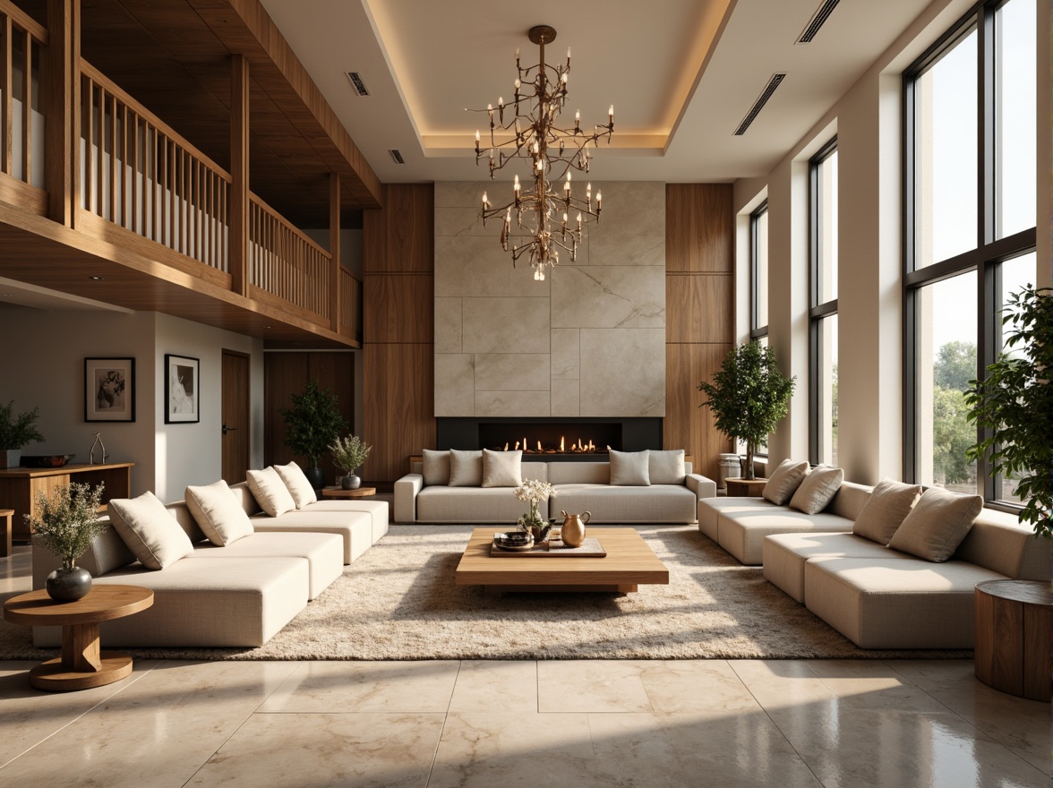 Prompt: Cozy living room, plush sofas, warm wood accents, soft carpeting, large windows, natural light, comfortable seating areas, minimalist decor, elegant chandeliers, subtle color schemes, calming ambiance, inviting atmosphere, warm beige walls, polished marble floors, modern furniture pieces, decorative vases, lush greenery, ambient lighting, shallow depth of field, 3/4 composition, realistic textures.