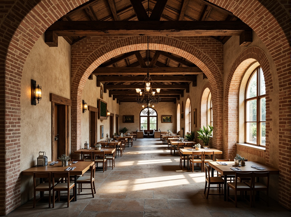 Prompt: Rustic dining hall, exposed brick walls, arched windows, wooden beams, stone flooring, ornate chandeliers, earthy color palette, natural lighting, warm ambiance, Mediterranean-inspired architecture, textured stonework, mortar joints, weathered finishes, distressed wood accents, grand entranceways, symmetrical composition, 1/1 aspect ratio, softbox lighting, realistic textures.