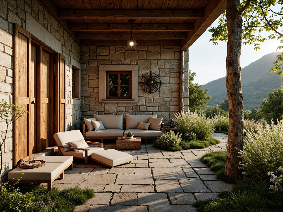 Prompt: Rustic countryside cottage, natural stone walls, wooden beams, earthy tones, organic shapes, reclaimed wood accents, vintage metal decorations, distressed finishes, wildflower gardens, meandering stone pathways, serene rural landscape, soft warm lighting, shallow depth of field, 3/4 composition, panoramic view, realistic textures, ambient occlusion.