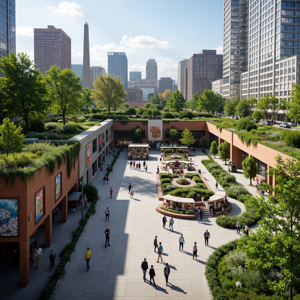 Prompt: Vibrant transportation hub, lush green roofs, verdant walls, pedestrian-friendly walkways, modern architectural design, sleek glass facades, minimalist steel structures, efficient public transit systems, bustling urban plaza, vibrant street art, eclectic food vendors, natural stone flooring, abundant daylighting, shallow depth of field, 3/4 composition, panoramic view, realistic textures, ambient occlusion.