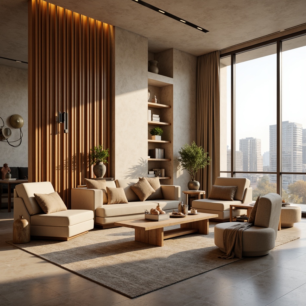 Prompt: Cozy living room, warm beige walls, rich walnut wood furniture, plush velvet sofa, soft golden lighting, modern minimalist decor, calming neutral color scheme, natural linen textiles, elegant marble accents, spacious open-plan layout, floor-to-ceiling windows, urban cityscape views, gentle morning sunlight, 1/1 composition, realistic rendering, ambient occlusion.