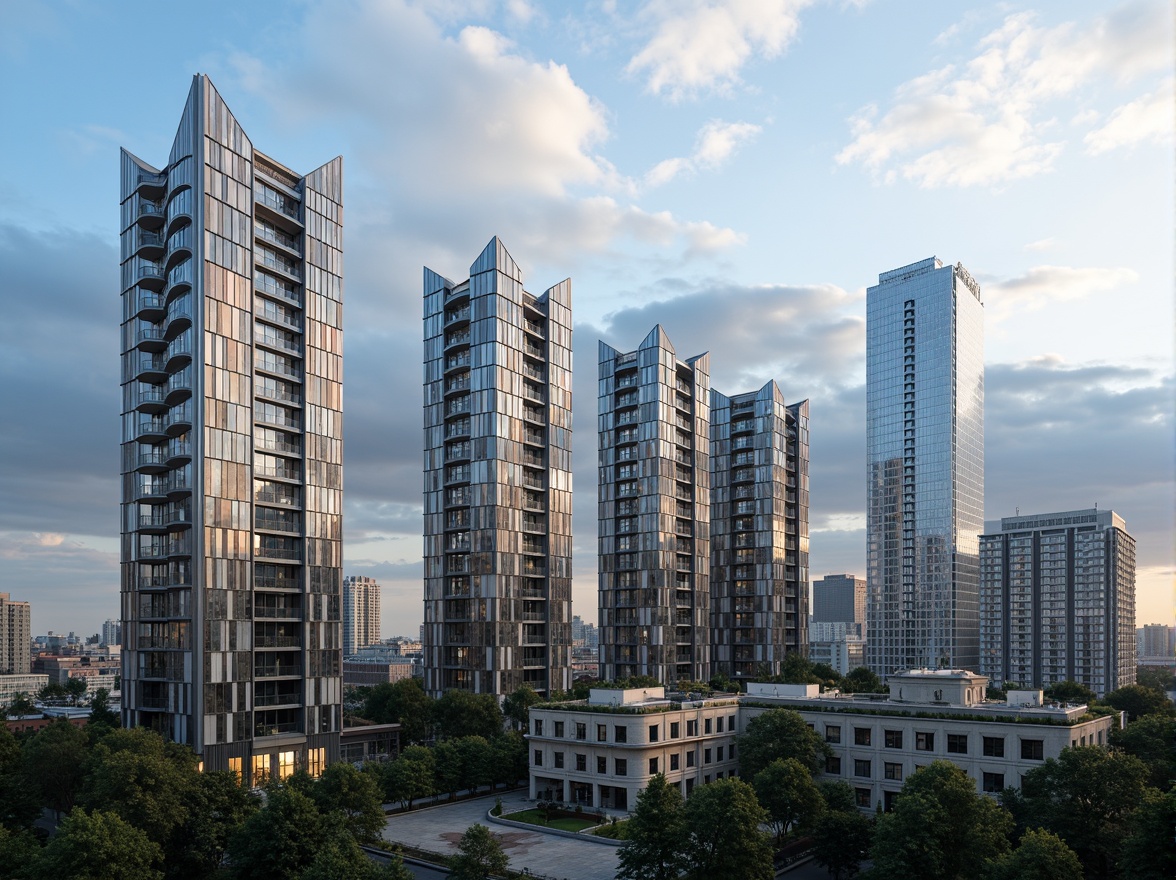 Prompt: Futuristic high-rise residences, sleek metallic fa\u00e7ades, angular rooflines, solar panels, wind turbines, green roofs, innovative cooling systems, misting systems, minimalist design, eco-friendly materials, modern urban landscape, city skyline views, cloudy blue sky, soft warm lighting, shallow depth of field, 3/4 composition, panoramic view, realistic textures, ambient occlusion.