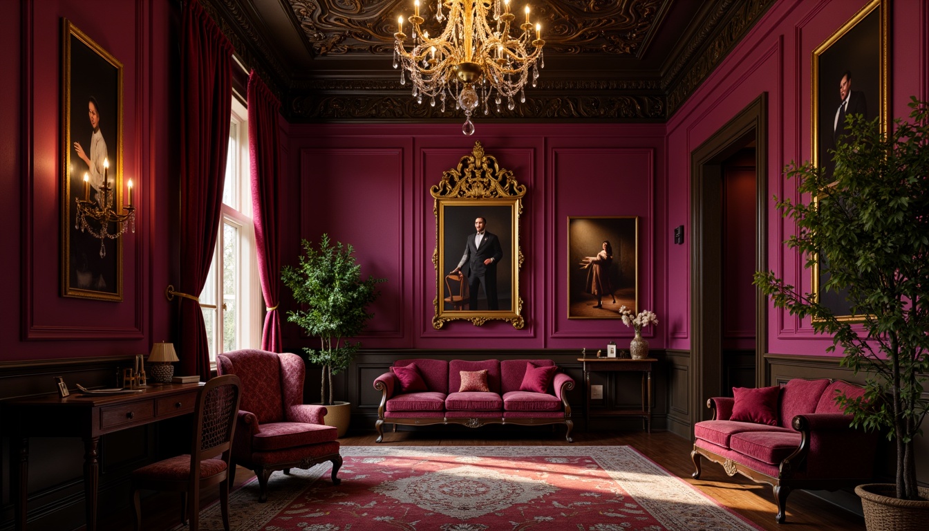 Prompt: Rich plum walls, luxurious velvet fabrics, ornate golden accents, crystal chandeliers, soft warm lighting, intimate ambiance, lavish furnishings, regal atmosphere, dark wood tones, mysterious shadows, romantic evening, 3/4 composition, dramatic contrast, realistic textures, ambient occlusion.