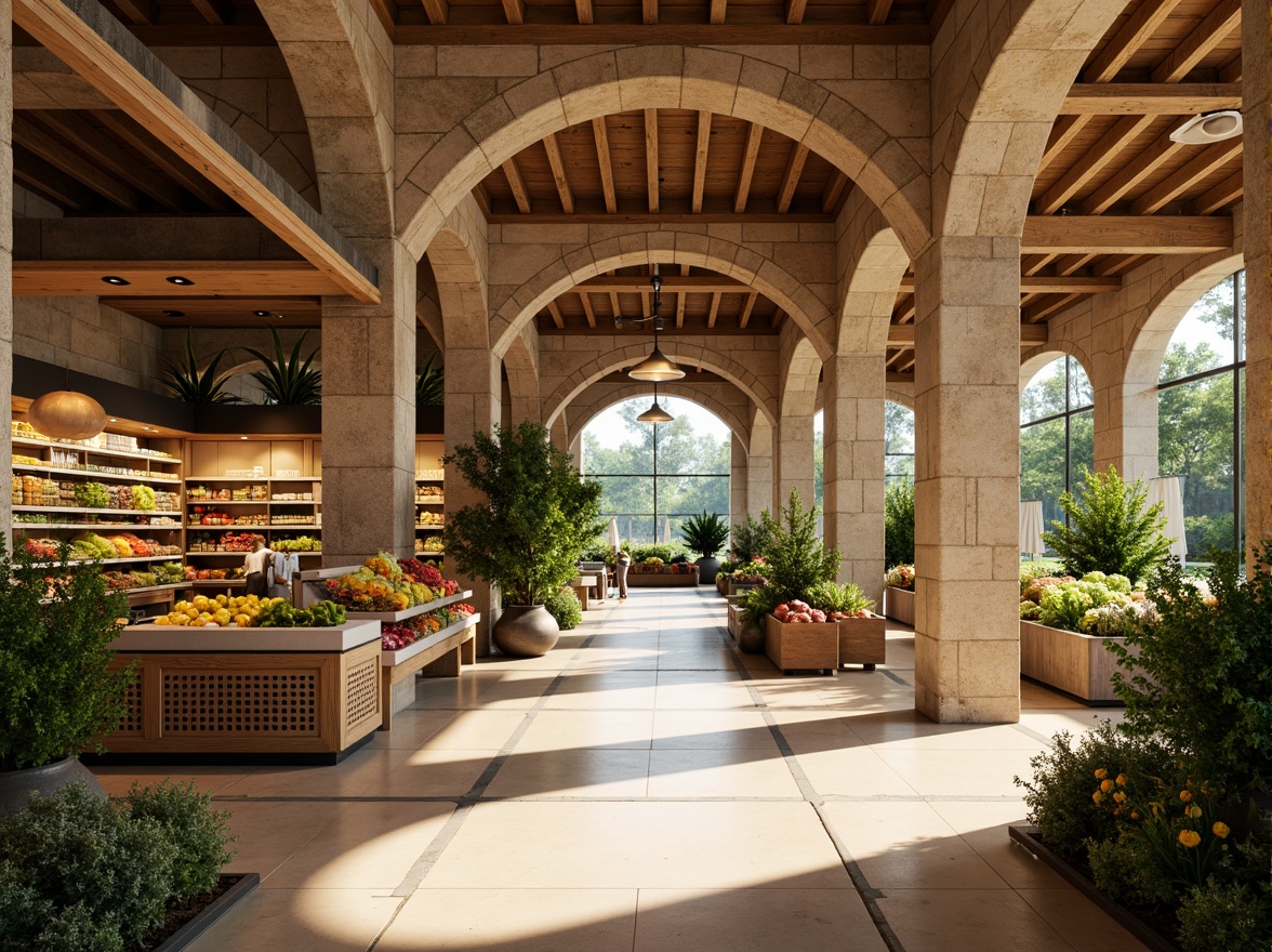 Prompt: Grand archways, rustic stone columns, natural light pouring in, warm beige flooring, abundant greenery, vibrant produce displays, modern grocery shelving, sleek metal accents, earthy tone color scheme, open ceiling design, minimalist decorative elements, soft warm lighting, shallow depth of field, 3/4 composition, panoramic view, realistic textures, ambient occlusion.