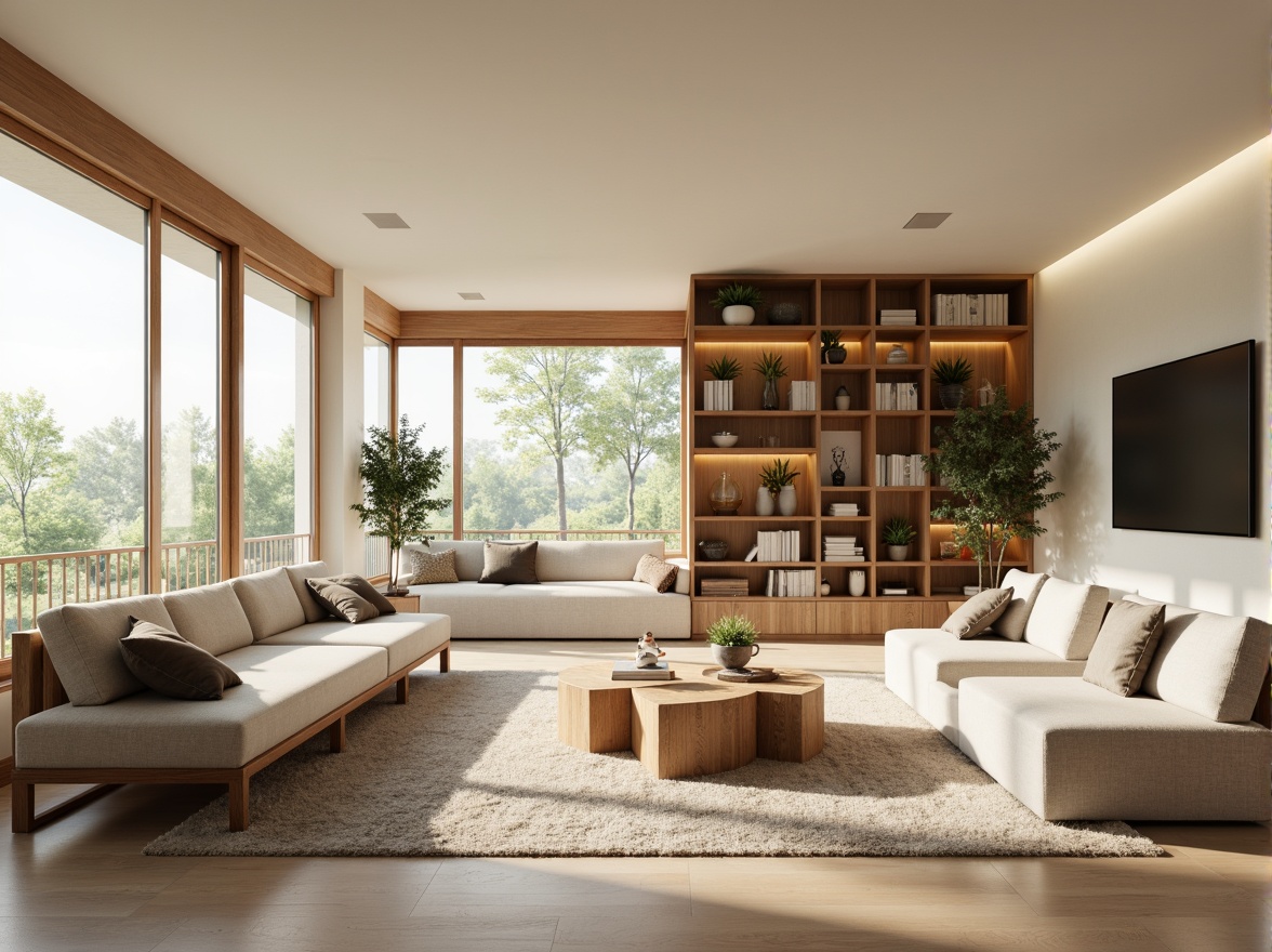 Prompt: Modern living room, minimalistic decor, functional furniture, sleek lines, wooden accents, cream-colored walls, large windows, natural light, cozy reading nook, comfortable sofas, geometric-shaped coffee tables, indoor plants, soft warm lighting, shallow depth of field, 3/4 composition, panoramic view, realistic textures, ambient occlusion.