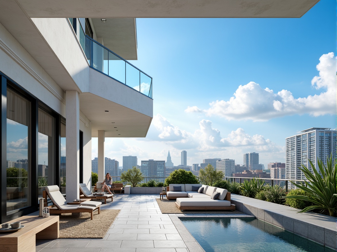 Prompt: Sky blue accents, sleek modern buildings, minimalist design, large windows, sliding glass doors, open-air balconies, cityscape views, urban landscape, fluffy white clouds, clear sunny day, soft warm lighting, shallow depth of field, 3/4 composition, panoramic view, realistic textures, ambient occlusion, calming atmosphere, serene ambiance, natural stone floors, wooden furniture, greenery walls, subtle gradient effects.