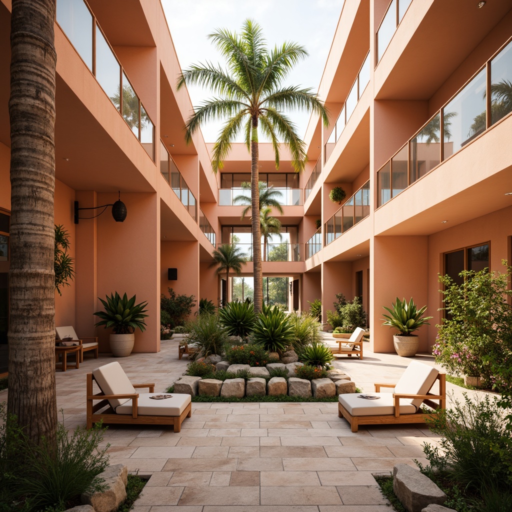 Prompt: Vibrant peach hues, soft pastel tones, warm beige accents, natural stone floors, modern minimalist architecture, sleek glass railings, airy open spaces, spacious atriums, lush greenery, tropical plants, decorative water features, cozy seating areas, ambient warm lighting, shallow depth of field, 1/1 composition, realistic textures, subtle gradient effects.