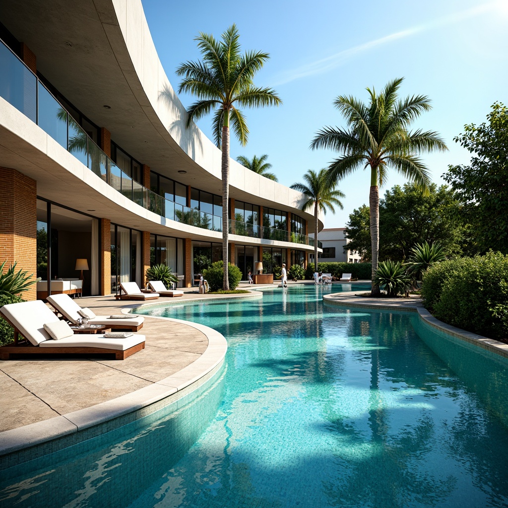 Prompt: Curved swimming pool, fusion architecture, sleek glass facades, reflective metal panels, iridescent tile work, rippling water effects, lush greenery surroundings, palm trees, sunny day, soft warm lighting, shallow depth of field, 3/4 composition, panoramic view, realistic textures, ambient occlusion.