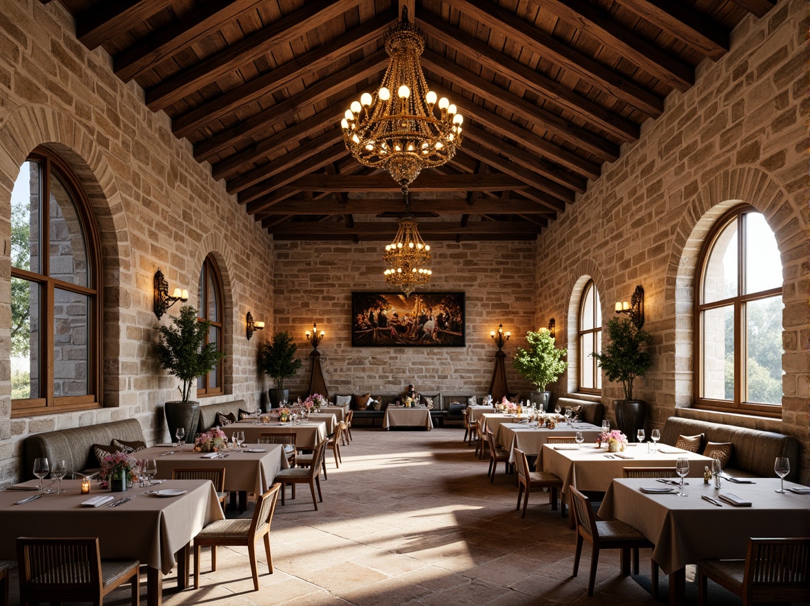 Prompt: Rustic dining hall, stone walls, brick arches, wooden beams, high ceilings, grand chandeliers, elegant furnishings, natural light, warm ambiance, earthy tones, traditional masonry techniques, rough-hewn stones, distressed wood textures, ornate carvings, classic architectural details, symmetrical composition, soft box lighting, subtle shadows, realistic material renderings.