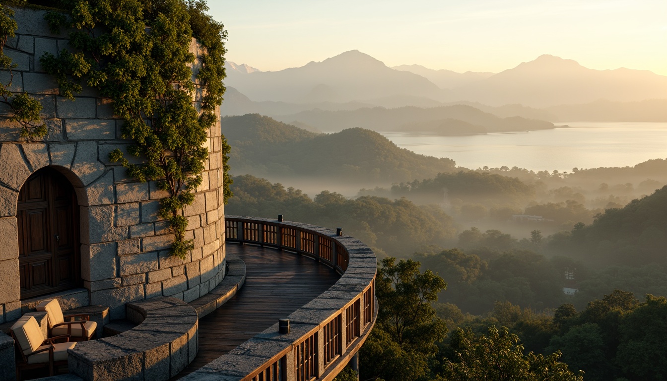 Prompt: Watchtower with rustic stone walls, verdant ivy climbing, wooden observation decks, panoramic views, rolling hills, serene lakeside, misty mountains, early morning fog, warm golden lighting, shallow depth of field, 3/4 composition, realistic textures, ambient occlusion, natural blending with surroundings, earthy color palette, organic shapes, minimal modern accents.