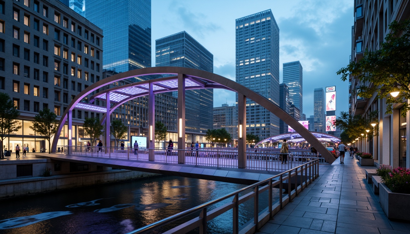 Prompt: Futuristic pedestrian bridge, sleek metallic structures, dynamic arches, suspended walkways, LED lighting installations, glass flooring, stainless steel handrails, urban cityscape, bustling streets, modern skyscrapers, vibrant neon lights, misty evening atmosphere, shallow depth of field, 1/1 composition, realistic reflections, ambient occlusion, detailed textures, high-tech materials, innovative engineering solutions.