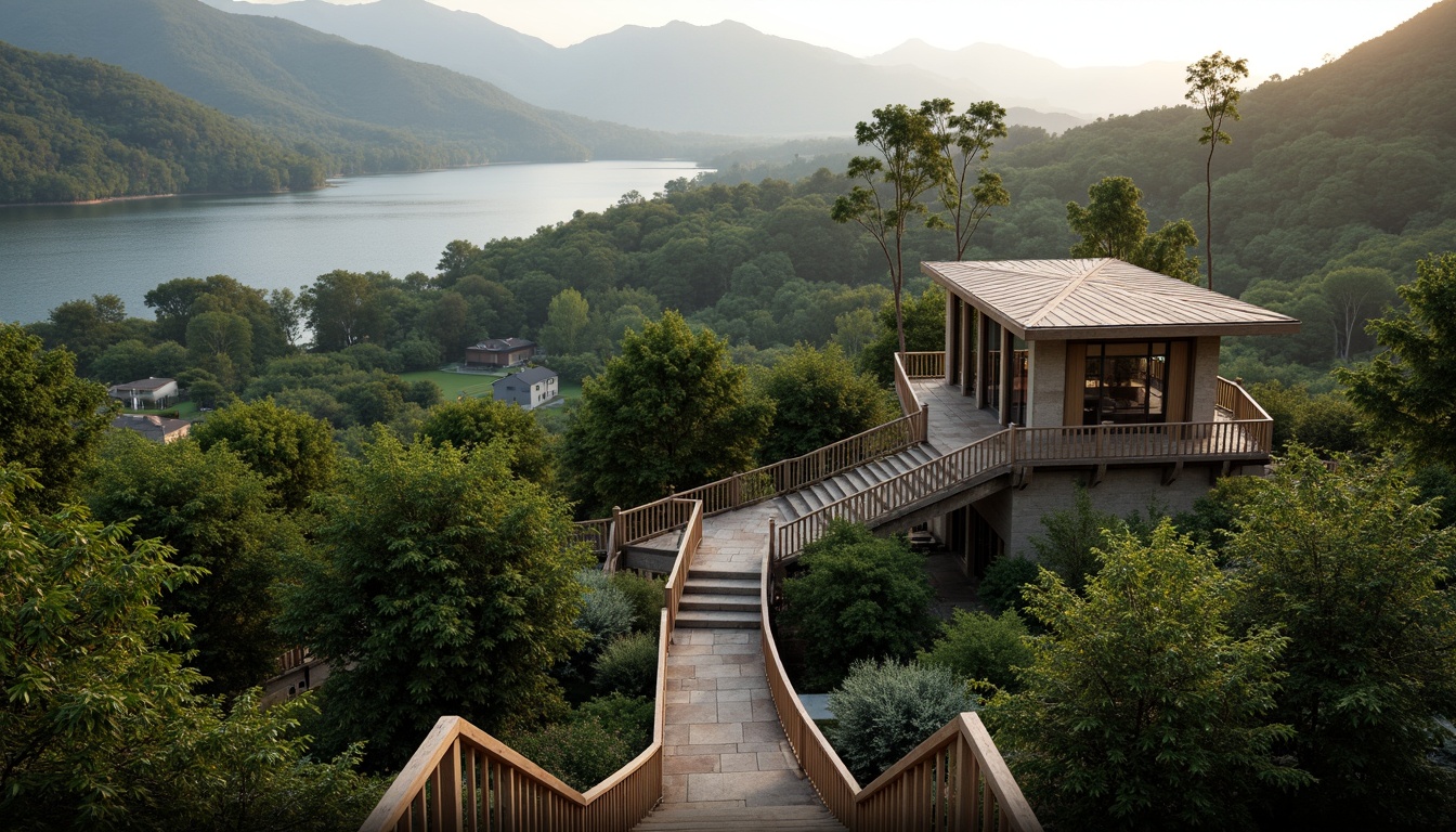 Prompt: Watchtower amidst lush forest, winding stone stairs, wooden railings, panoramic views, rolling hills, misty mountains, serene lakeside, rustic texture, earthy color palette, natural blend, organic curves, asymmetrical architecture, cantilevered roofs, large windows, glass doors, soft warm lighting, shallow depth of field, 3/4 composition, realistic textures, ambient occlusion.