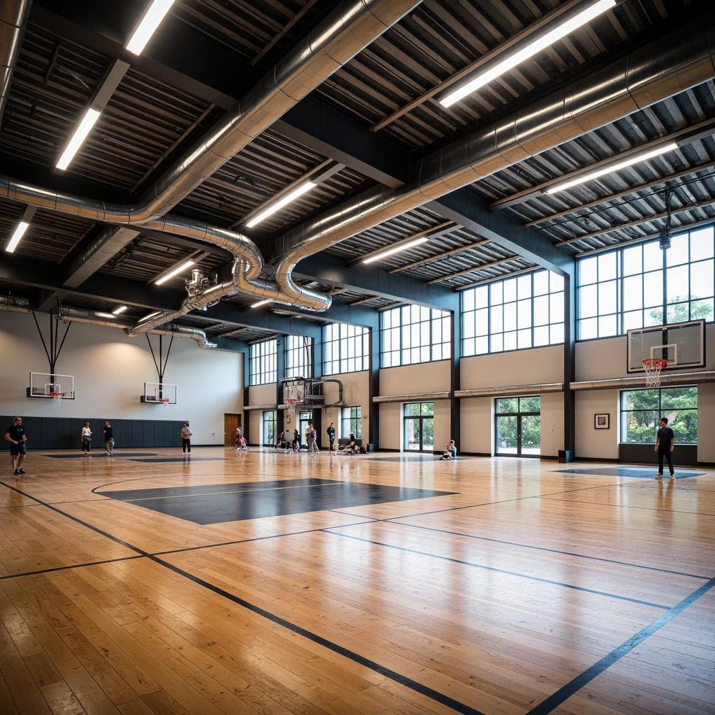 Prompt: Dynamic gymnasium interior, high ceilings, exposed ductwork, polished wooden floors, basketball courts, athletic tracks, exercise equipment, modern LED lighting, sleek metal beams, urban industrial design, open-plan spaces, natural ventilation systems, large windows, abundant daylight, soft diffused lighting, shallow depth of field, 1/2 composition, realistic textures, ambient occlusion.