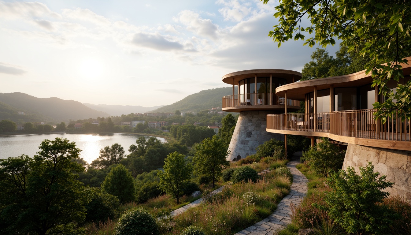 Prompt: Panoramic viewing tower, harmonious landscape integration, rolling hills, lush greenery, meandering stone pathways, serene lakeside, misty morning atmosphere, warm sunlight filtering through trees, wooden decking, rustic railing, natural rock formations, weathered wooden accents, earthy color palette, organic architectural forms, curved lines, cantilevered structures, 1/1 composition, atmospheric perspective, soft focus background, realistic foliage, subtle ambient occlusion.