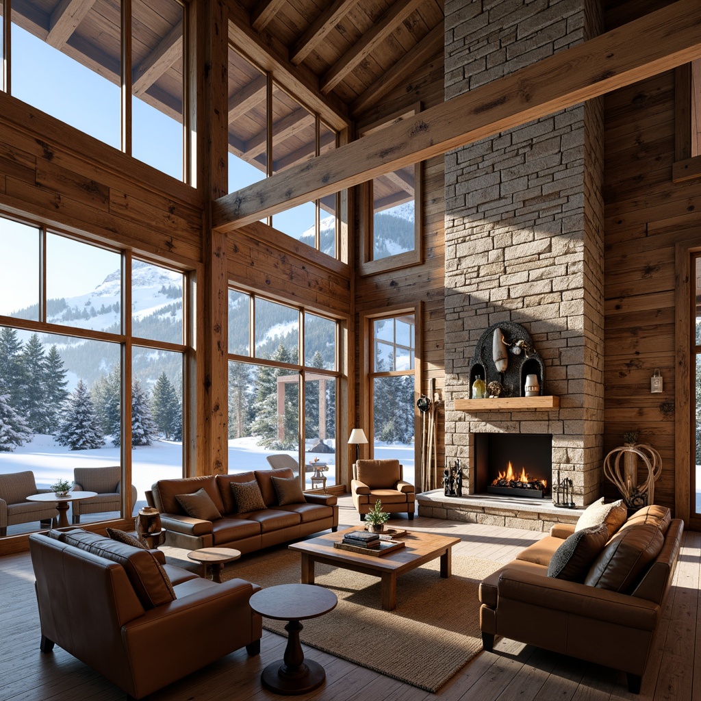 Prompt: Rustic ski lodge, wooden accents, natural stone walls, reclaimed wood beams, earthy tones, snow-capped mountains, evergreen trees, frozen lake, crisp winter air, warm cozy atmosphere, large stone fireplaces, comfortable leather furniture, wooden ski equipment, vintage ski decorations, minimal ornamentation, functional design, abundant natural light, panoramic views, shallow depth of field, 3/4 composition, realistic textures.