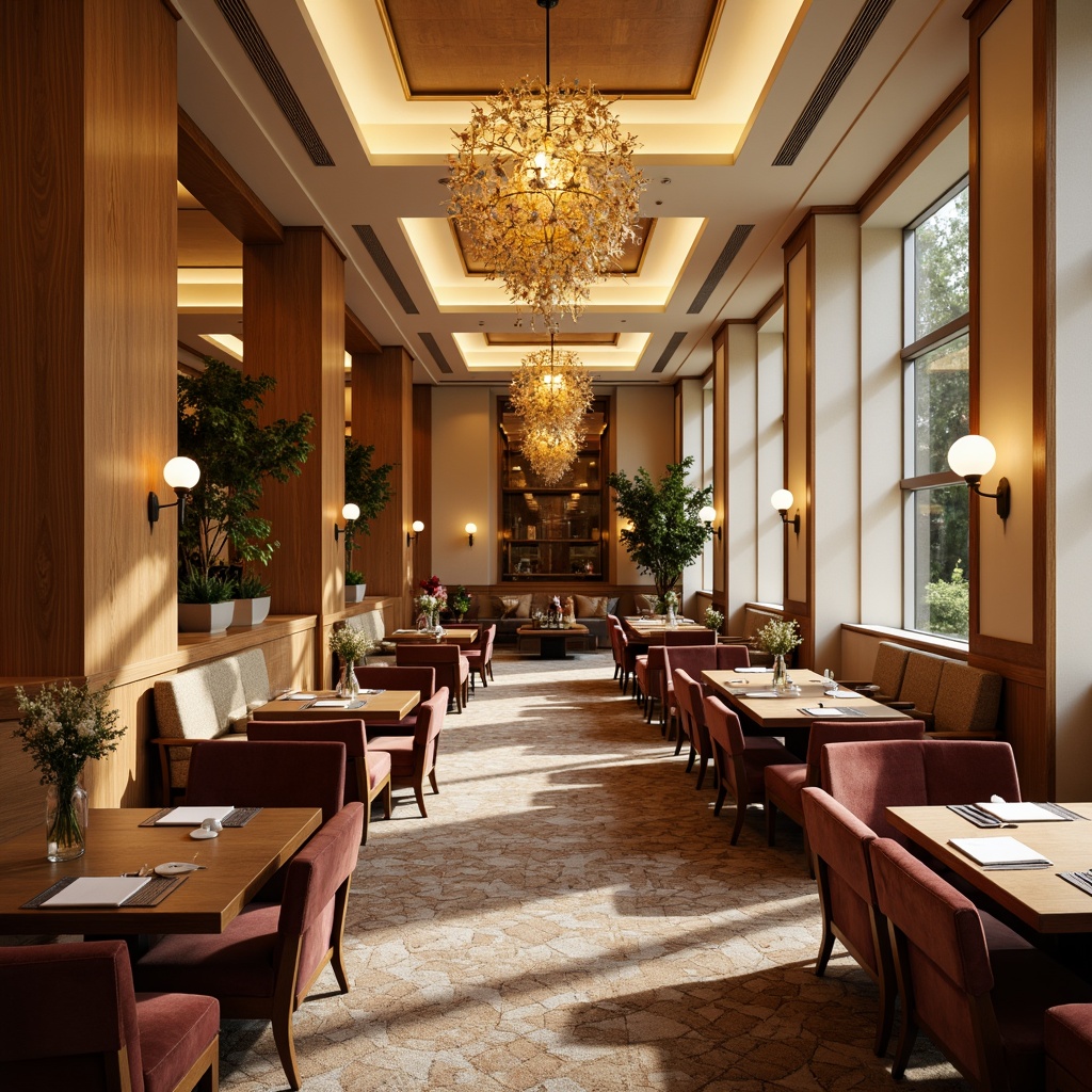 Prompt: Elegant dining hall, refined wooden furniture, luxurious velvet upholstery, warm golden lighting, rich wood tones, cream-colored walls, ornate chandeliers, lavish floral arrangements, soft carpet flooring, sophisticated modern architecture, high ceilings, large windows, natural daylight, warm beige colors, earthy brown hues, subtle texture contrasts, cozy atmosphere, inviting ambiance, 1/2 composition, soft focus, warm color harmony.