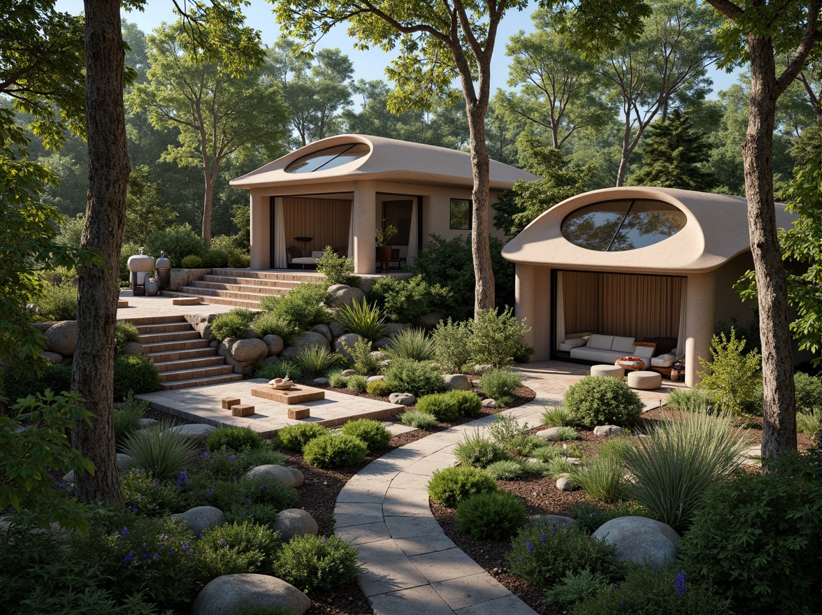 Prompt: Seamless site integration, harmonious architecture, lush greenery, native plants, meandering pathways, natural stone walls, wooden decks, cantilevered roofs, large overhangs, clerestory windows, sliding glass doors, organic forms, curvaceous lines, earthy tones, rustic textures, ambient lighting, warm color palette, 1/1 composition, symmetrical balance, serene atmosphere, bird's eye view, realistic rendering.