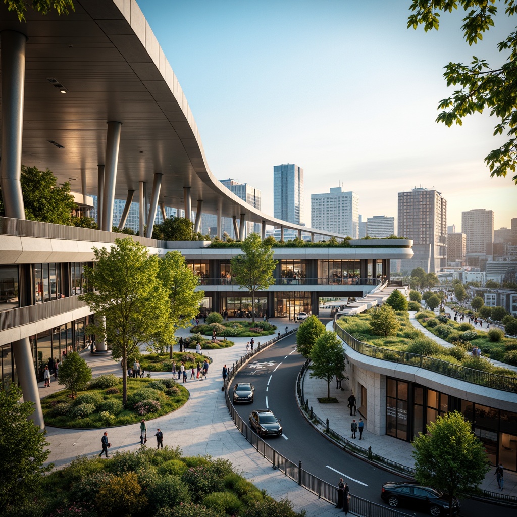 Prompt: \Vibrant transportation hub, lush green roofs, urban landscape integration, modern architecture, curved lines, sleek metallic surfaces, large windows, natural stone flooring, bustling cityscape, morning sunlight, soft warm lighting, shallow depth of field, 3/4 composition, panoramic view, realistic textures, ambient occlusion, integrated public art installations, dynamic pedestrian flow, efficient traffic management systems, sustainable urban planning strategies, green infrastructure, eco-friendly materials, innovative ventilation technologies.\