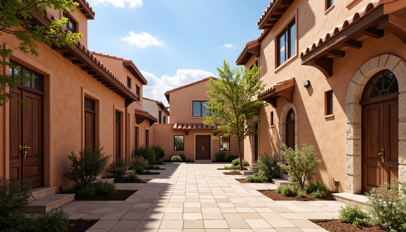 Prompt: Regionalist buildings, terracotta rooftops, curved clay tiles, earthy color palette, rustic wooden doors, ornate metalwork, intricate stonework, Mediterranean-inspired architecture, warm sunny day, soft natural lighting, shallow depth of field, 3/4 composition, panoramic view, realistic textures, ambient occlusion.