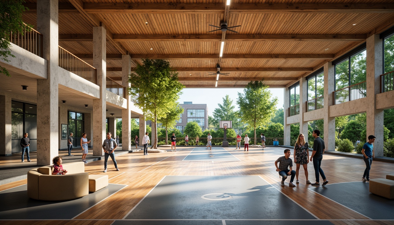 Prompt: Spacious gymnasium interior, natural stone walls, wooden flooring, large windows, abundant greenery, outdoor views, integrated sports facilities, basketball courts, athletic tracks, modern fitness equipment, vibrant color schemes, dynamic lighting systems, shallow depth of field, 1/2 composition, soft focus effect, realistic textures, ambient occlusion, harmonious blend of indoor and outdoor spaces, lush landscaping, serene atmosphere, sunny day, warm natural light, comfortable seating areas, educational graphics, inspirational quotes.