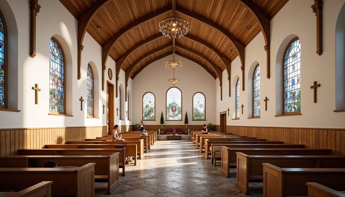 Prompt: Serene worship space, soft warm lighting, calming atmosphere, creamy white walls, rich wood tones, stained glass windows, vibrant blue accents, golden crosses, ornate details, rustic stone flooring, elegant archways, vaulted ceilings, dramatic chandeliers, spiritual ambiance, subtle texture variations, realistic material reflections, warm color harmony, 1/1 composition, intimate close-ups, natural light pouring in.