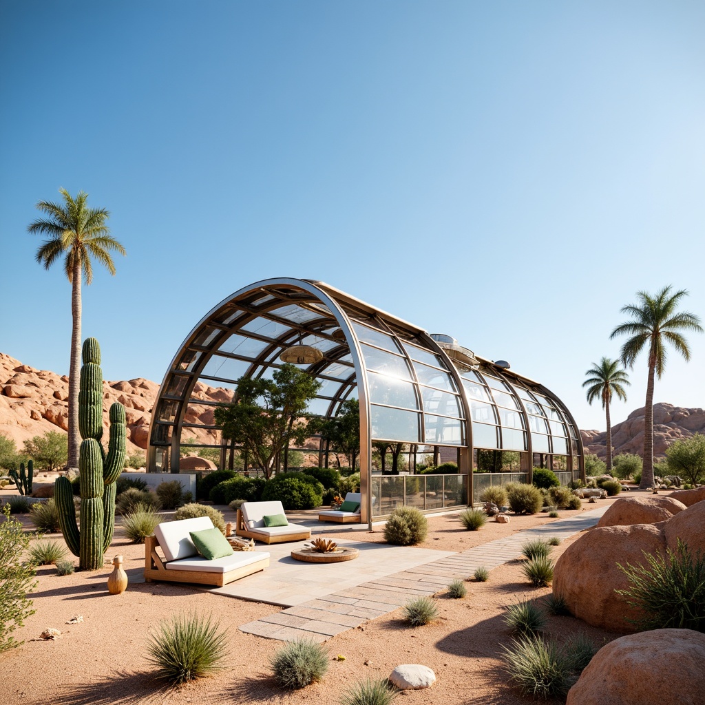 Prompt: Arid desert landscape, futuristic greenhouse architecture, curved glass roofs, metal frames, evaporative cooling systems, misting systems, shading devices, solar-powered ventilation, automated climate control, advanced humidity management, heat-resistant materials, optimized air circulation, natural convection, cross-ventilation, evaporative cooling towers, wind catchers, green walls, succulent plants, cacti arrangements, sandy soil, dry riverbeds, clear blue sky, intense sunlight, high temperature fluctuations, innovative insulation materials.