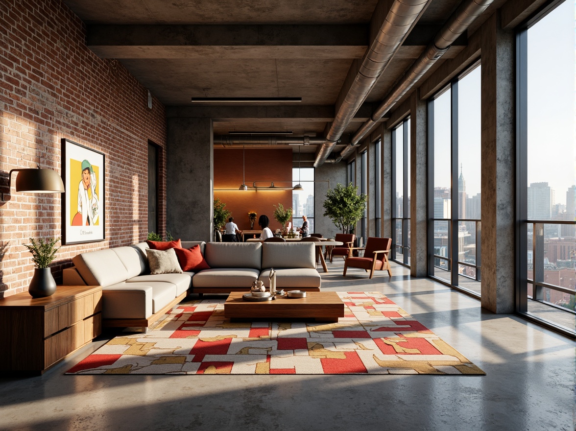 Prompt: Modern apartment, urban loft, industrial chic, exposed brick walls, polished concrete floors, sleek metal accents, minimalist decor, natural materials, earthy tones, rich wood textures, vibrant pop art colors, bold geometric patterns, statement light fixtures, floor-to-ceiling windows, cityscape views, soft warm lighting, shallow depth of field, 3/4 composition, realistic textures.