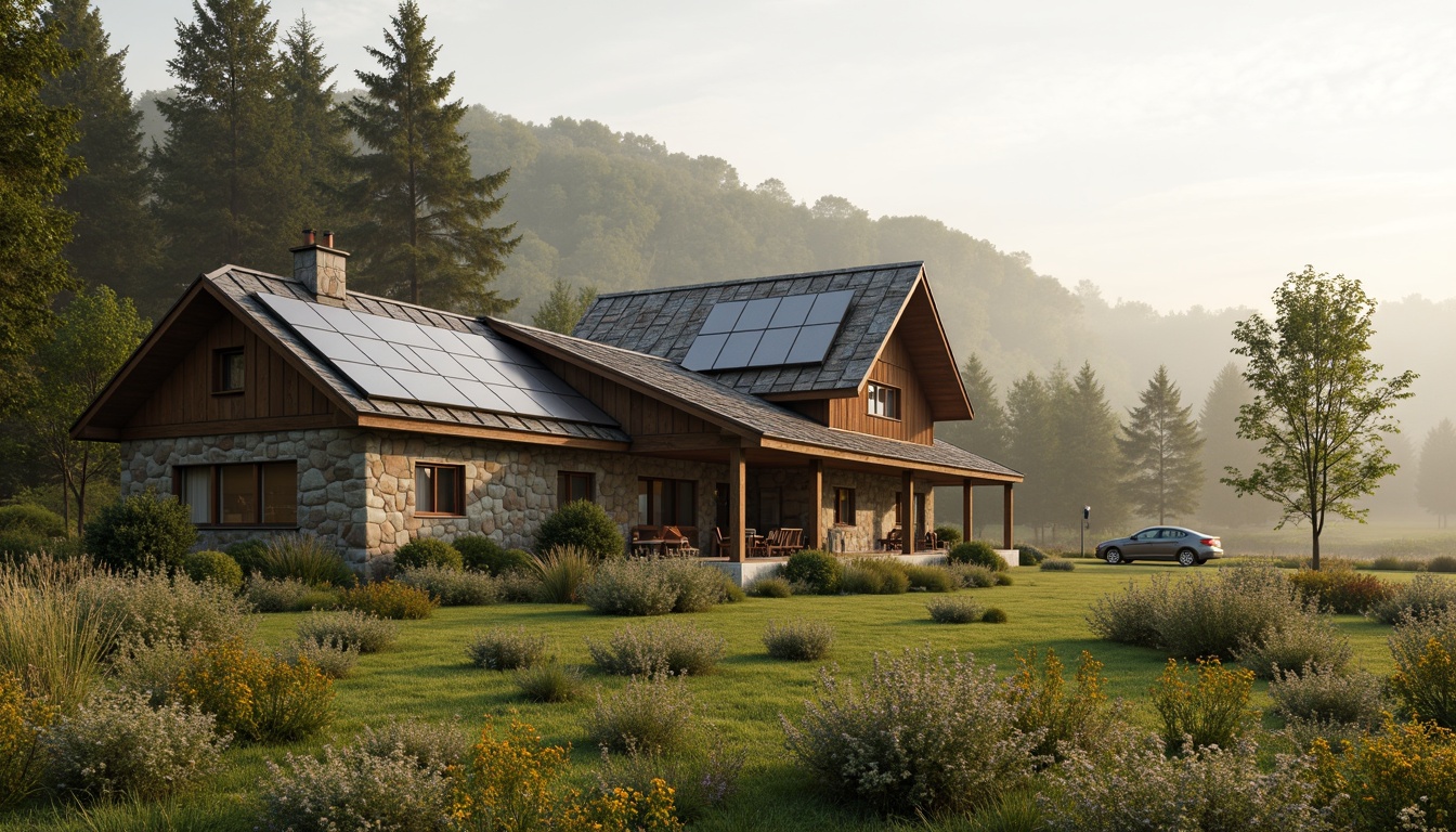 Prompt: Rustic rural farmhouse, earthy tones, natural stone walls, wooden accents, green roofs, solar panels, wind turbines, rainwater harvesting systems, organic gardens, wildflower meadows, serene countryside views, misty morning atmosphere, warm soft lighting, 1/1 composition, realistic textures, ambient occlusion.