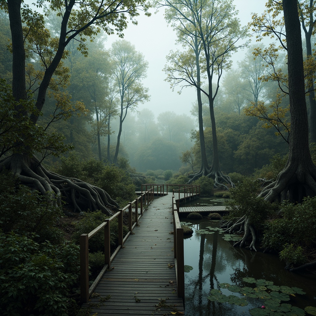 Prompt: Mysterious wetland, tangled vegetation, murky waters, twisted tree roots, moss-covered stones, eerie fog, misty dawn, soft diffused lighting, shallow depth of field, 1/1 composition, symmetrical view, realistic water reflections, ambient occlusion, wooden boardwalks, rustic railings, natural stone pathways, winding streams, aquatic plants, water lilies, cattails, subtle color palette, earthy tones.