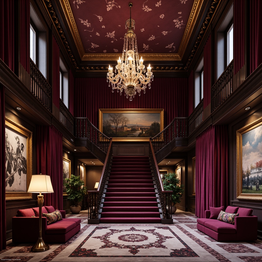 Prompt: Rich plum hues, luxurious velvet fabrics, ornate gold accents, lavish crystal chandeliers, opulent marble floors, grand staircase, dramatic ceiling heights, warm ambient lighting, soft focus photography, 1/1 composition, intimate atmosphere, cozy reading nooks, plush throw pillows, dark wood paneling, moody artistic paintings, elegant typography, sophisticated color palette.