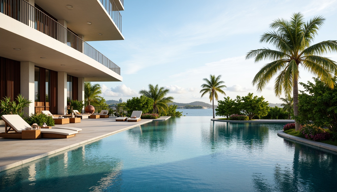 Prompt: Curved infinity pool, fusion architecture, futuristic design, sleek metal railings, glass balconies, modern water features, LED lighting systems, misting effects, tropical palm trees, lush greenery, vibrant flowers, sunny day, soft warm lighting, shallow depth of field, 3/4 composition, panoramic view, realistic textures, ambient occlusion.