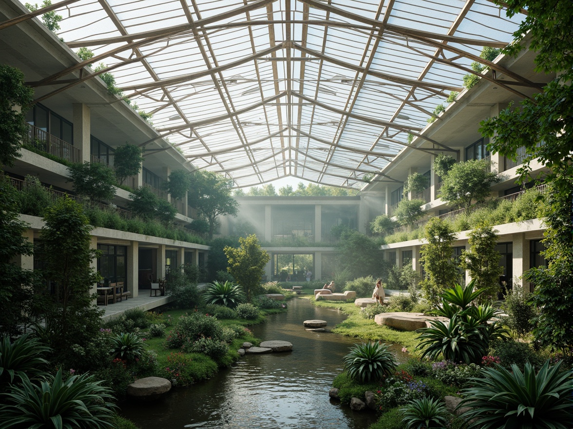 Prompt: Lush vegetation, transparent glass roofs, steel frames, wooden beams, curved lines, natural light, misty atmosphere, water features, organic forms, botanical gardens, tropical plants, humid climate, warm temperatures, soft diffused lighting, shallow depth of field, 1/1 composition, symmetrical view, realistic textures, ambient occlusion, futuristic design, sustainable materials, energy-efficient systems, rainwater harvesting, green walls, living roofs, airy interior spaces.