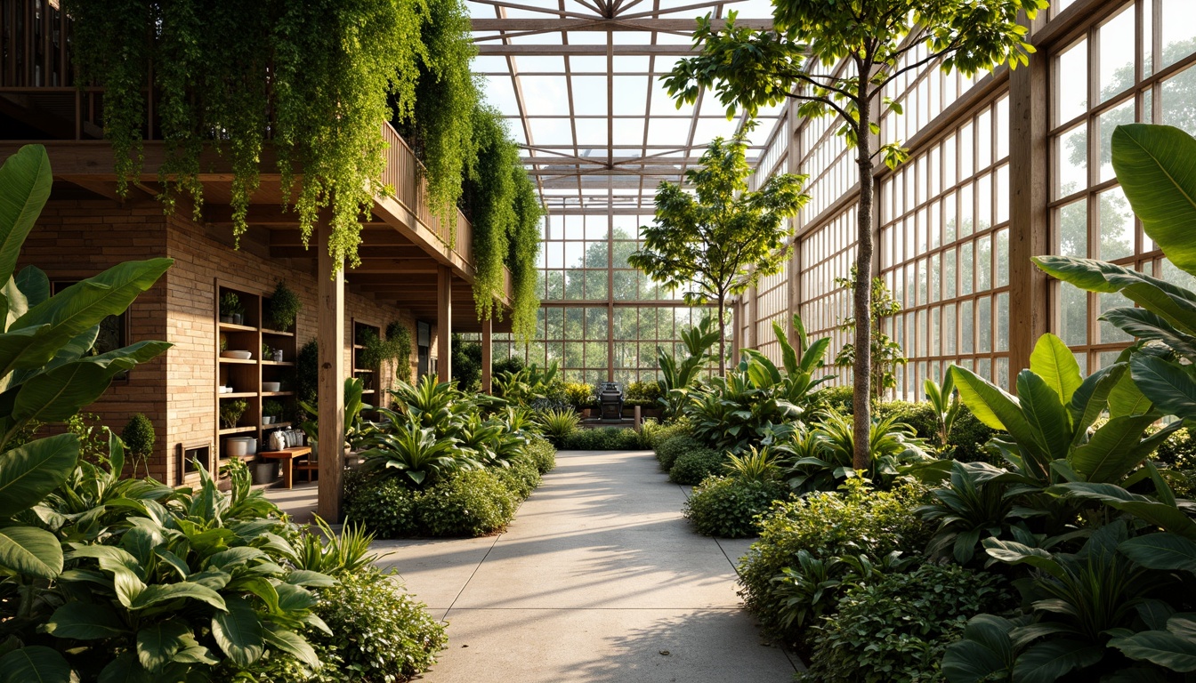 Prompt: Vibrant greenhouse interior, lush tropical plants, natural stone flooring, reclaimed wood accents, energy-efficient glazing, solar-powered ventilation systems, rainwater harvesting systems, living walls, green roofs, organic gardens, misting irrigation systems, warm ambient lighting, soft natural textures, 1/1 composition, shallow depth of field, realistic renderings.