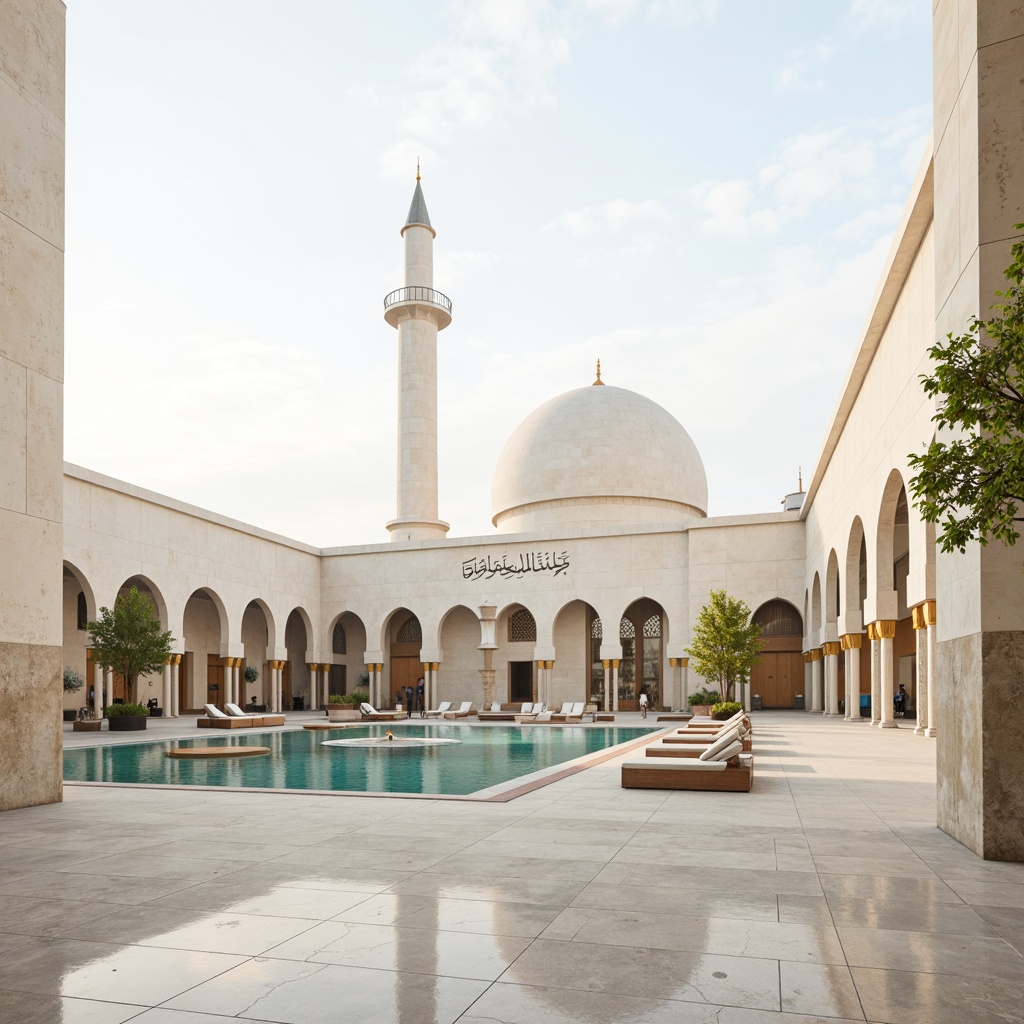 Prompt: Minimalist mosque, geometric domes, slender minarets, abstract calligraphy, cream-colored stone walls, large open courtyards, reflective pools of water, symmetrical archways, clean lines, minimal ornamentation, functional simplicity, natural light, airy vaulted ceilings, limestone flooring, wooden accents, subtle color palette, serene ambiance, shallow depth of field, 1/1 composition, realistic textures, ambient occlusion.