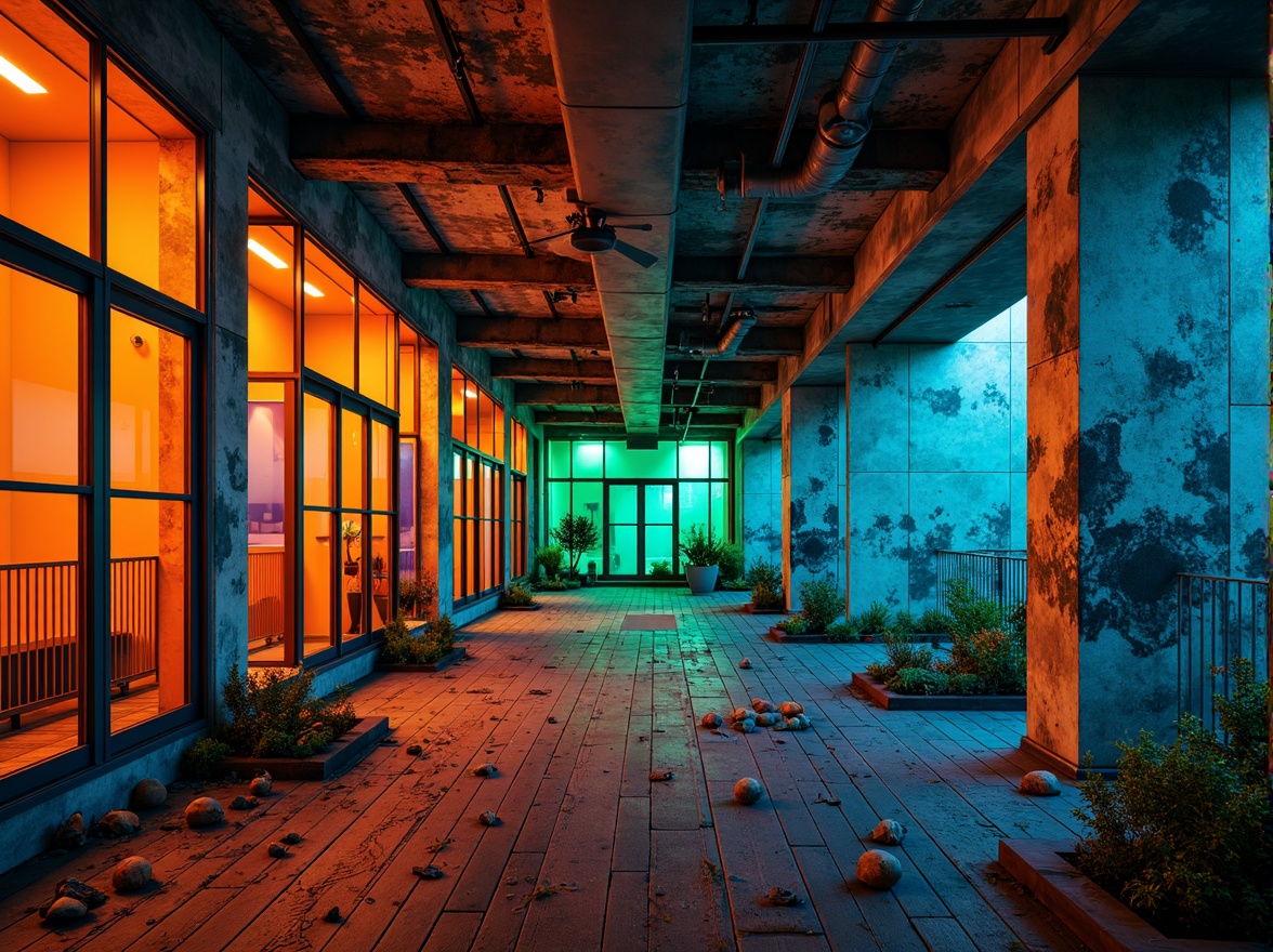 Prompt: Distressed concrete walls, exposed ductwork, fragmented steel beams, bold industrial color scheme, vibrant orange accents, deep blue tones, neon green highlights, weathered wooden floors, reclaimed metal textures, irregular geometric shapes, abstract murals, dynamic LED lighting, futuristic architectural elements, deconstructed columns, asymmetrical compositions, high-contrast shadows, gritty urban atmosphere, intense dramatic lighting, shallow depth of field, 1/2 composition.