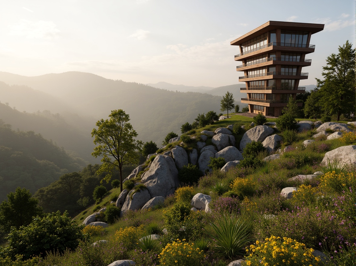 Prompt: Panoramic watching tower, harmonious landscape integration, natural stone foundations, wooden accents, curved lines, blending with surroundings, lush greenery, vibrant wildflowers, meandering pathways, scenic viewpoints, rolling hills, misty mornings, warm sunlight, soft focus, atmospheric perspective, 1/2 composition, cinematic lighting, realistic textures, ambient occlusion.