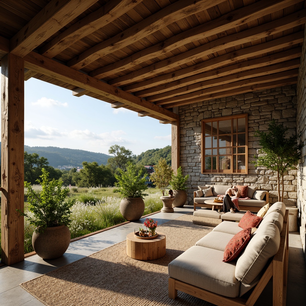 Prompt: Rustic countryside, wooden accents, natural stone walls, earthy tones, reclaimed wood beams, distressed finishes, vintage metalware, woven textiles, floral patterns, botanical motifs, lush greenery, wildflower meadows, rolling hills, serene landscapes, soft warm lighting, shallow depth of field, 3/4 composition, panoramic view, realistic textures, ambient occlusion.