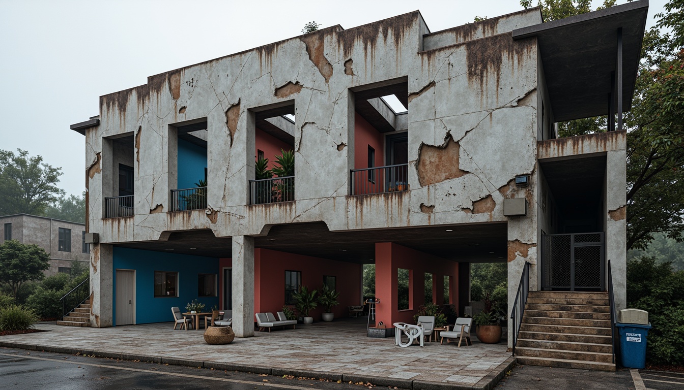 Prompt: Fragmented gymnasium facade, deconstructed walls, exposed steel beams, irregular shapes, dynamic angles, abstract patterns, bold color contrasts, industrial materials, metallic finishes, distressed textures, avant-garde architecture, unconventional forms, dramatic lighting effects, high-contrast shading, urban landscape, cityscape background, misty atmosphere, cinematic mood, 1/1 composition, low-angle shot, realistic render.