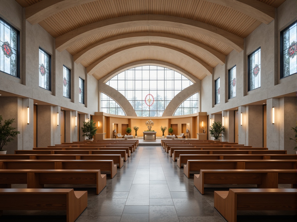 Prompt: Contemporary church interior, minimalist altar, sleek wooden pews, stained glass windows, vaulted ceilings, natural stone flooring, modern chandeliers, ambient soft lighting, 3/4 composition, shallow depth of field, panoramic view, realistic textures, subtle color palette, calming atmosphere, peaceful ambiance, innovative spatial layout, open floor plan, curved lines, geometric shapes, abstract patterns, futuristic furnishings, luxurious materials, intricate details, spiritual symbols.