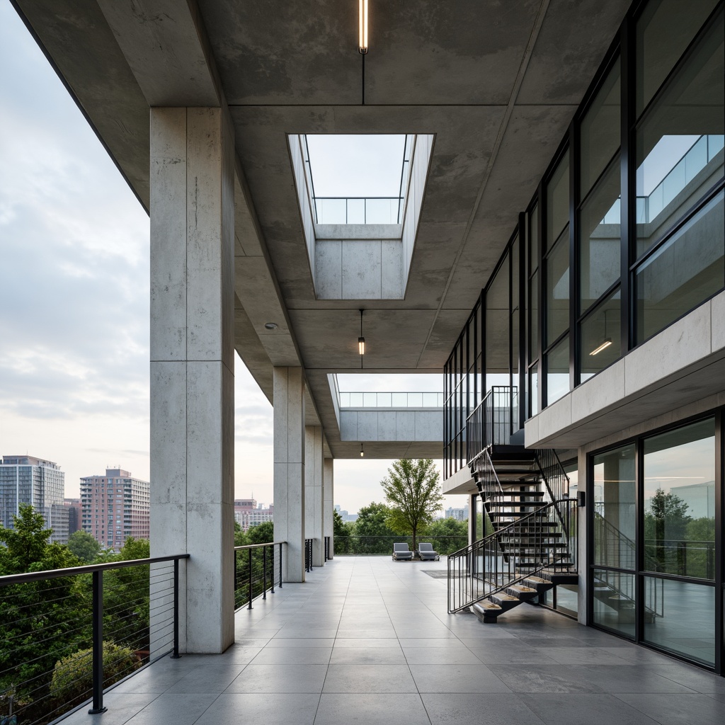 Prompt: Sleek modern building, exposed concrete columns, minimalist steel beams, floor-to-ceiling glass windows, cantilevered rooflines, open-plan interior, polished marble floors, geometric metal railings, suspended staircases, industrial-chic lighting fixtures, urban cityscape backdrop, cloudy overcast sky, soft natural light, shallow depth of field, 1/1 composition, realistic reflections, ambient occlusion.