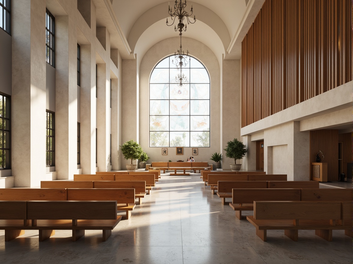 Prompt: Minimalist worship hall, high ceilings, natural light pouring in, simple yet elegant chandeliers, marble floors, sleek wooden pews, abstract stained glass windows, subtle sacred symbols, calm ambiance, soft warm lighting, shallow depth of field, 1/2 composition, realistic textures, ambient occlusion, grand organ pipes, intricately carved wooden accents, geometric patterns, neutral color palette, minimal ornamentation, spiritual serenity, peaceful atmosphere.