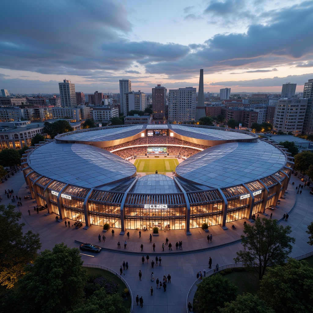 Prompt: Futuristic stadium architecture, fusion style, curved lines, dynamic shapes, cantilevered roofs, sleek metal structures, transparent glass facades, vibrant LED lighting, abstract patterns, 3D modeling, atmospheric fog effects, dramatic spotlighting, low-angle photography, cinematic composition, hyper-realistic textures, ambient occlusion, urban cityscape background, bustling crowd atmosphere, evening sunset ambiance, warm golden hour lighting.