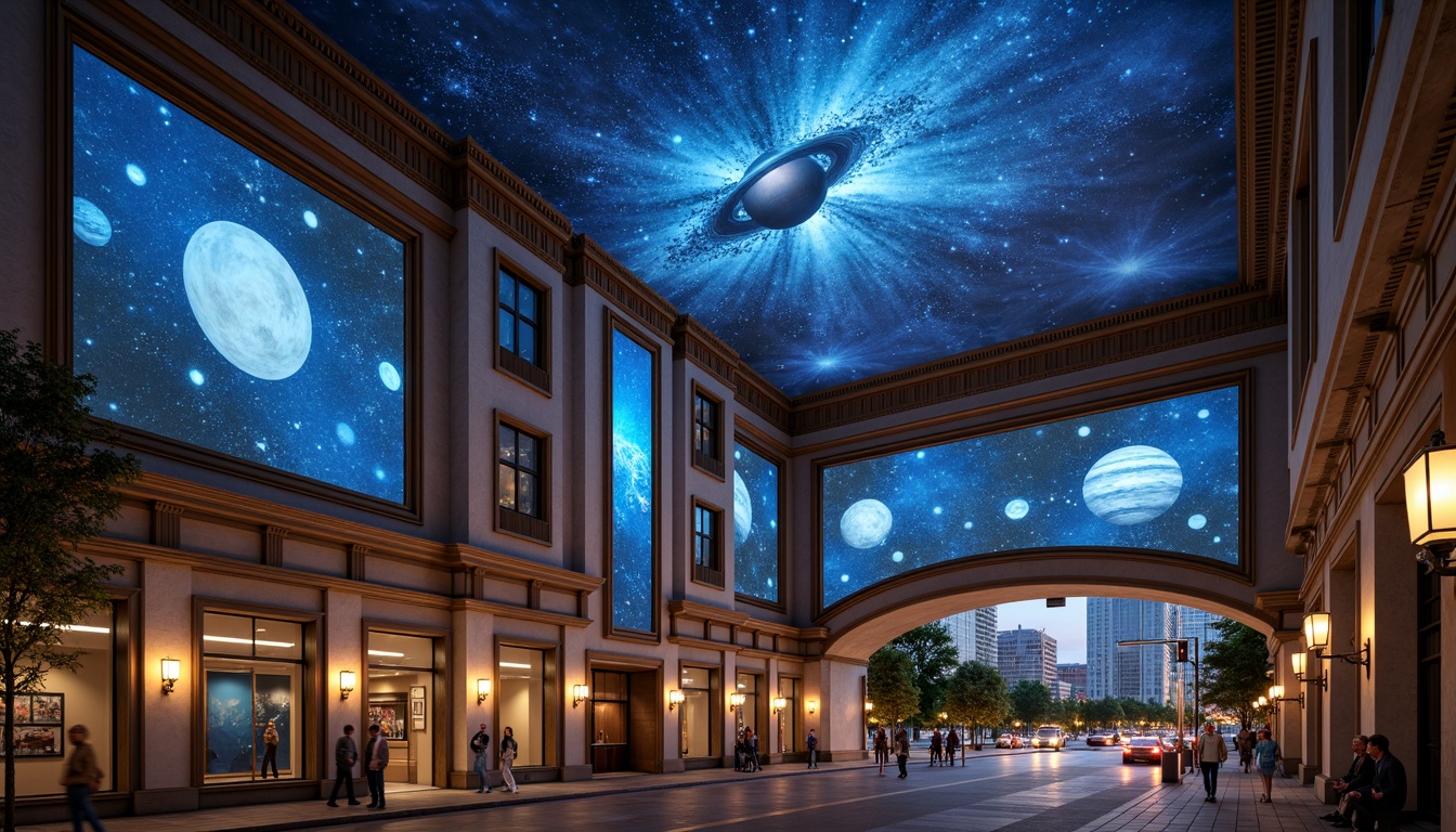 Prompt: Cosmic-themed planetarium, celestial body exhibits, starry night sky projections, neoclassical architecture, grandiose entrance halls, ornate columns, symmetrical facades, limestone walls, bronze details, urban cityscape integration, bustling streets, modern skyscrapers, vibrant streetlights, misty evening atmosphere, shallow depth of field, 1/2 composition, realistic textures, ambient occlusion.