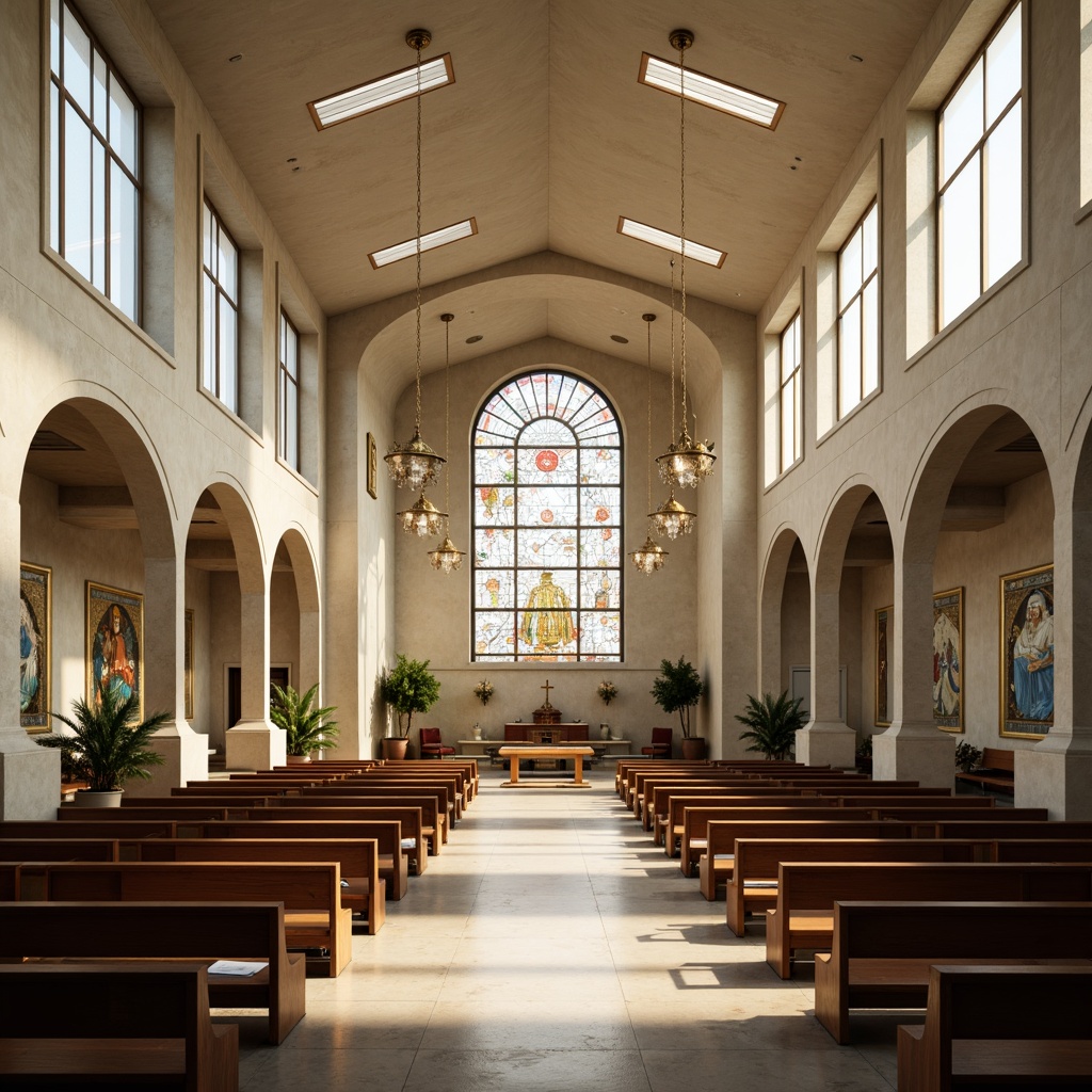 Prompt: Minimalist worship hall, high ceilings, clerestory windows, natural light, limestone flooring, wooden pews, simple altar, abstract stained glass, geometric patterns, ornate metalwork, intricate mosaics, vaulted arches, grand chandeliers, soft warm lighting, 1/1 composition, symmetrical framing, realistic textures, ambient occlusion.