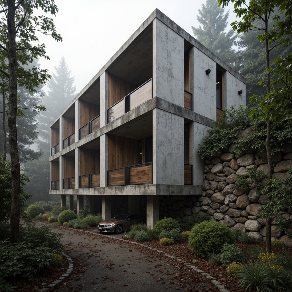 Prompt: Exposed concrete walls, rugged stone textures, reclaimed wood accents, industrial metal frames, earthy tone color palette, brutalist architectural style, monumental building scale, dramatic natural lighting, dense forest surroundings, misty atmospheric conditions, shallow depth of field, 1/2 composition, realistic material rendering, ambient occlusion.